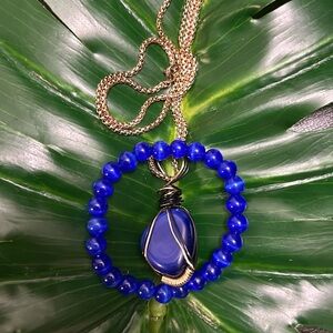 SAPPHIRE BLUE CAT EYE wire wrapped crystal pendant necklace & bracelet set